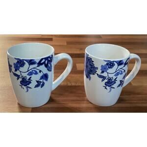 Royal Norfolk Cobalt Blue & White Floral Set of 2 Porcelain Coffee Mugs Cups